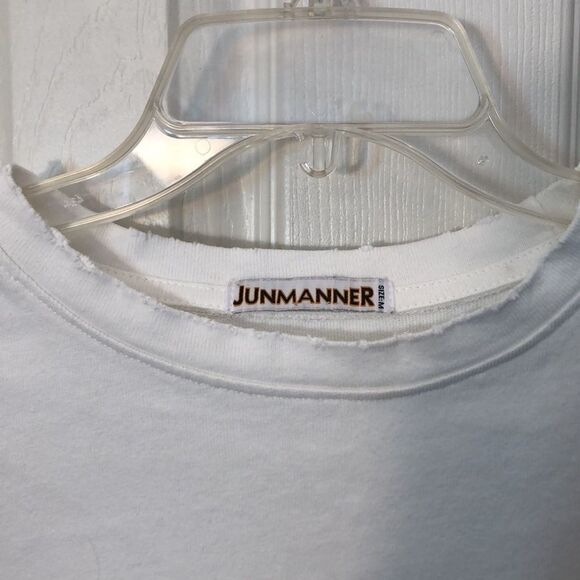 Junmanner White Long Sleeve Intentional Frayed Edges, Pit to Pit 22 1/4" - Picture 2 of 9